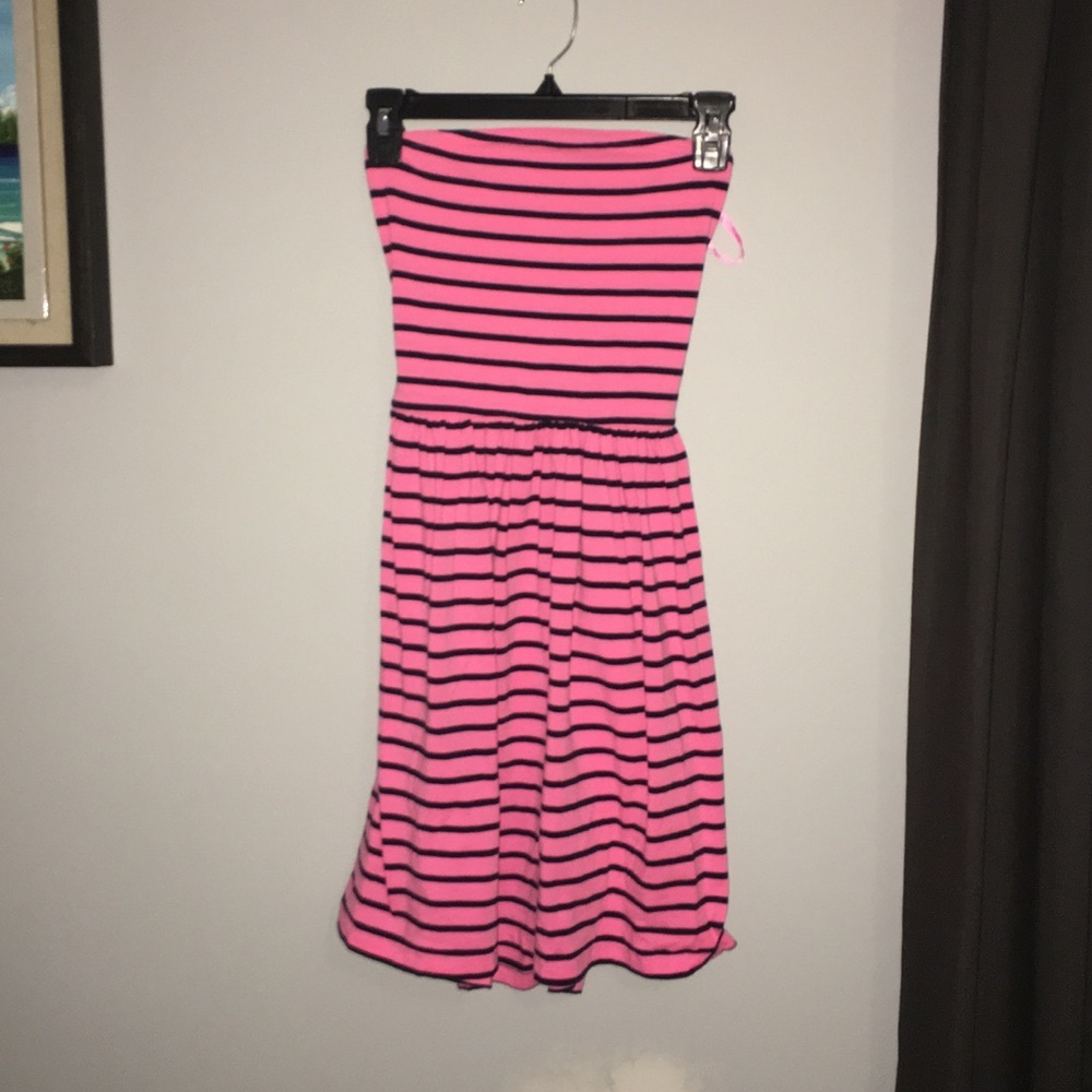 navy and pink striped strapless dress